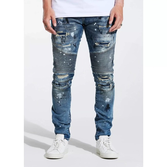 Embellish NYC Men's Moto Biker Rip & Repair Distressed Skinny Fit Denim Jeans - Picture 1 of 4